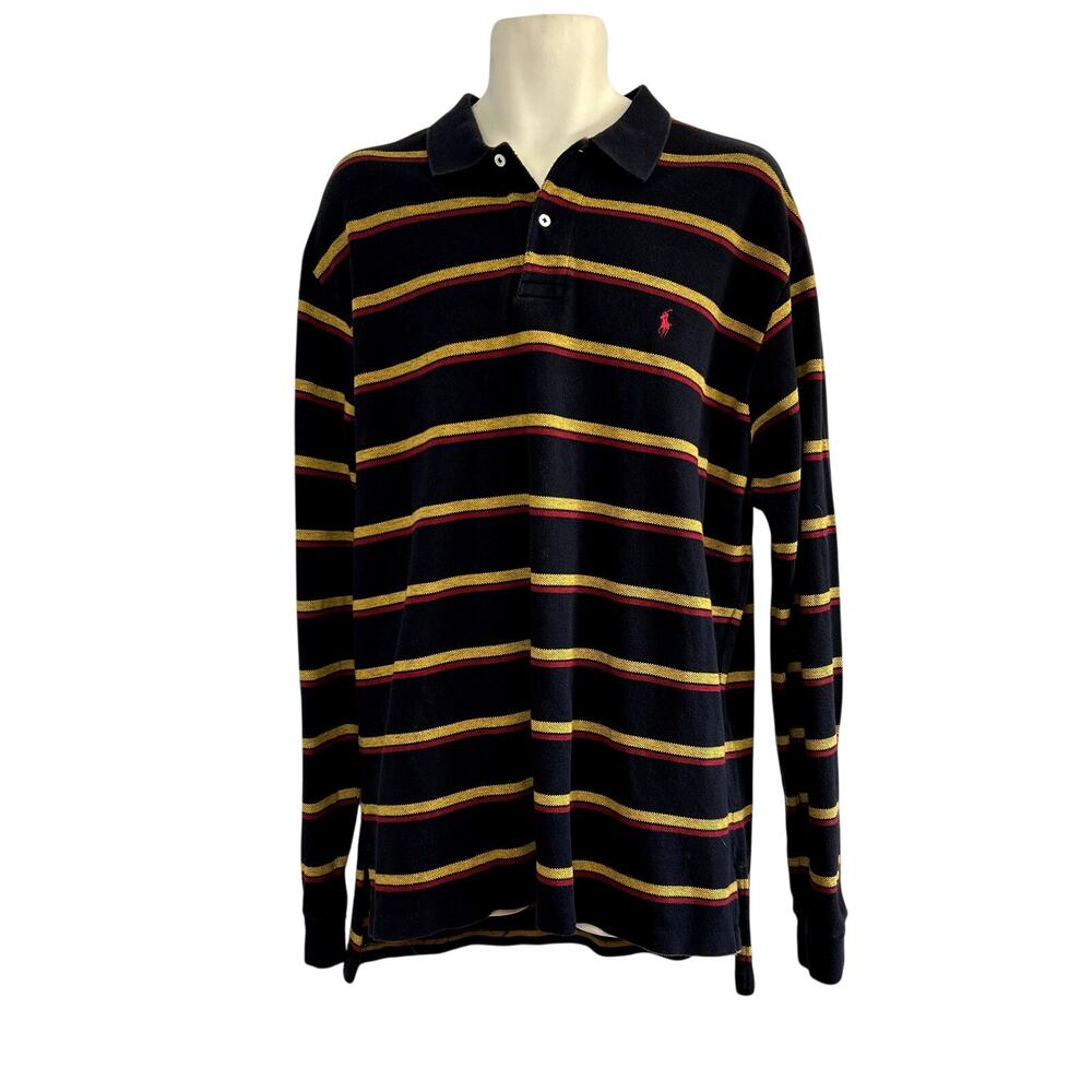 VTG 90s Polo Ralph Lauren XL Navy Blue Striped Long Sleeve Polo Shirt Preppy